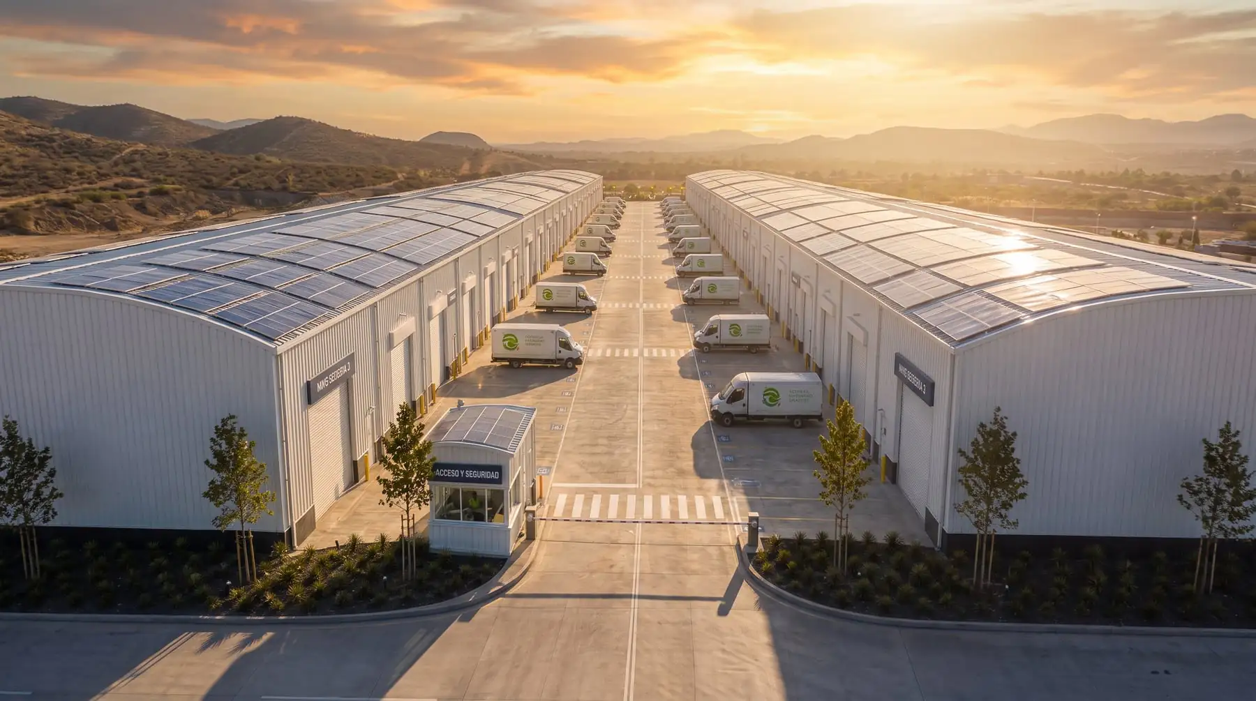Render aéreo de Quonset Park 2000 con techos de paneles solares